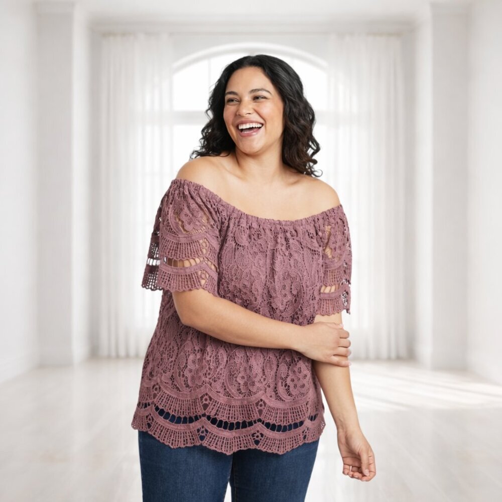 K. Jordan XL Lace Boho Top - Beautiful Mauve Crochet Detail, Timeless Piece
